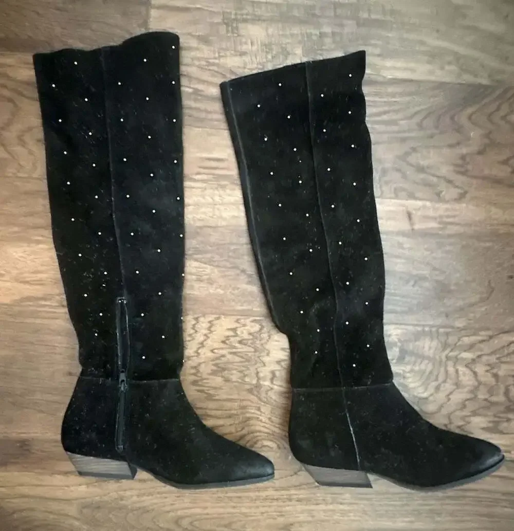 Free People Studded Over-The-Knee Black Suede Boots